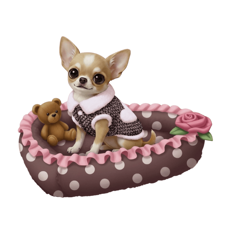 Chihuahua con abrigo en su camita