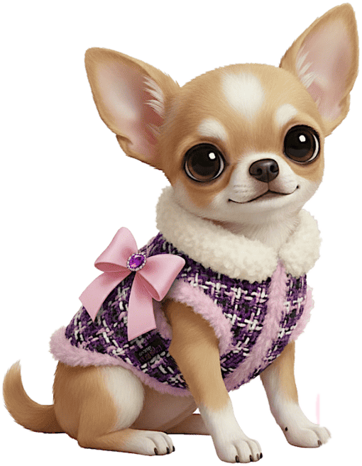 Chihuahua con abrigo de tweed lila y lazo rosa